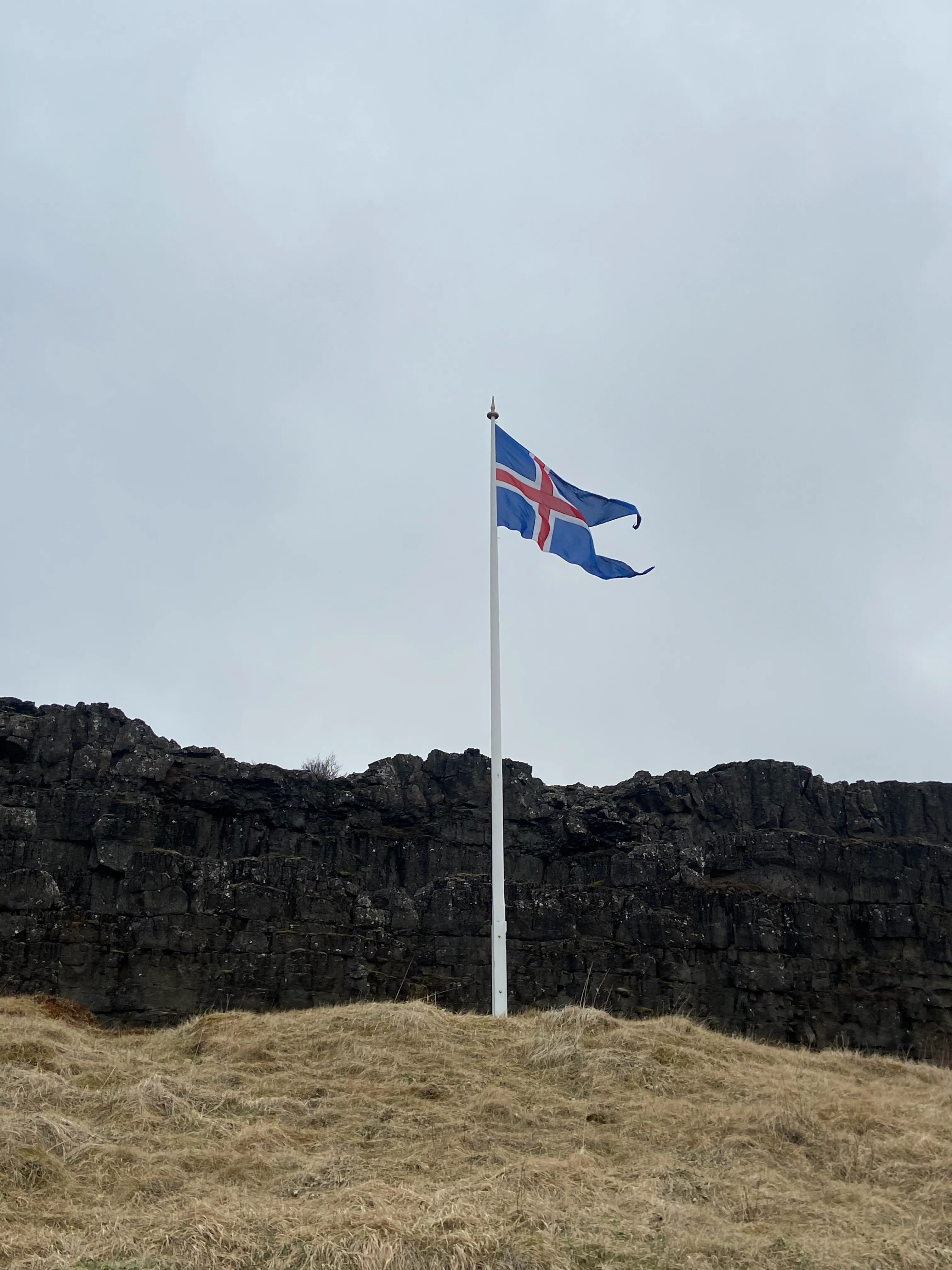 The Icelandic flag flying above basalt cliffs at Þingvellir